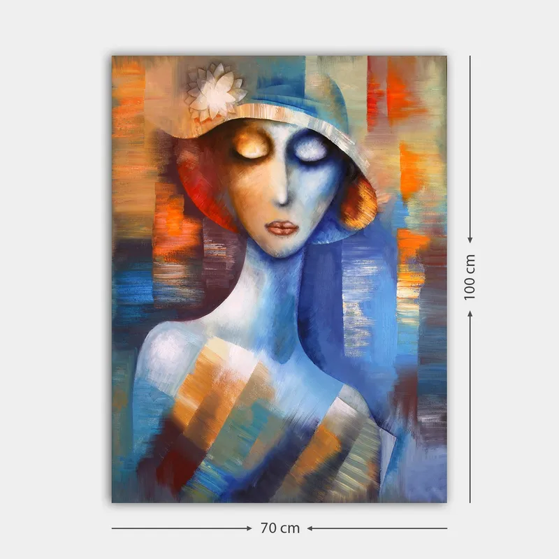 Lerretsbilde 70x100 cm - Stilisert kvinne med hatt som utstråler en drømmende og emosjonell atmosfære - Blå / Oransje / Hvit - Interiør - Maleri & posters - Lerretsbilder