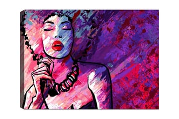 Lerretsbilde 70x100 cm - Stilisert kvinne med krøllete hår som synger med lukkede øyne - Lilla / Rosa / Rød - Interiør - Maleri & posters - Lerretsbilder