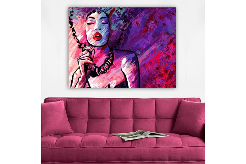 Lerretsbilde 70x100 cm - Stilisert kvinne med krøllete hår som synger med lukkede øyne - Lilla / Rosa / Rød - Interiør - Maleri & posters - Lerretsbilder