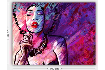 Lerretsbilde 70x100 cm - Stilisert kvinne med krøllete hår som synger med lukkede øyne - Lilla / Rosa / Rød - Interiør - Maleri & posters - Lerretsbilder