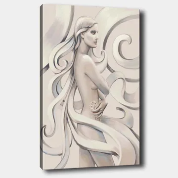 Lerretsbilde 70x100 cm - Stilisert kvinne med langt hår som holder en rose, omgitt av feiende linjer - Hvit / Lys grå / Mørk grå - Interiør - Maleri & posters - Lerretsbilder