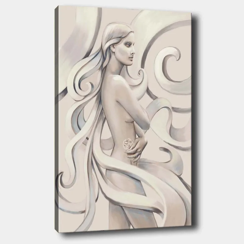 Lerretsbilde 70x100 cm - Stilisert kvinne med langt hår som holder en rose, omgitt av feiende linjer, Hvit / Lys grå / Mørk grå