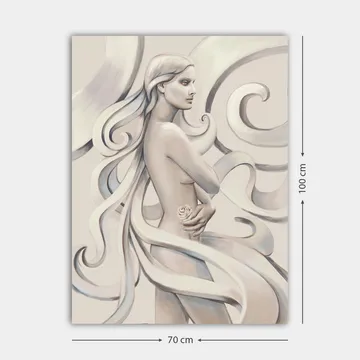 Lerretsbilde 70x100 cm - Stilisert kvinne med langt hår som holder en rose, omgitt av feiende linjer - Hvit / Lys grå / Mørk grå - Interiør - Maleri & posters - Lerretsbilder