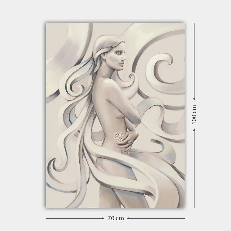 Lerretsbilde 70x100 cm - Stilisert kvinne med langt hår som holder en rose, omgitt av feiende linjer - Hvit / Lys grå / Mørk grå - Interiør - Maleri & posters - Lerretsbilder