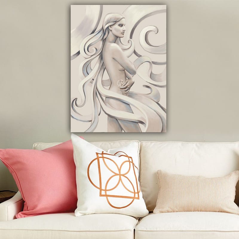 Lerretsbilde 70x100 cm - Stilisert kvinne med langt hår som holder en rose, omgitt av feiende linjer - Hvit / Lys grå / Mørk grå - Interiør - Maleri & posters - Lerretsbilder