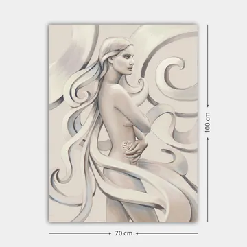 Lerretsbilde 70x100 cm - Stilisert kvinne med langt hår som holder en rose, omgitt av feiende linjer - Hvit / Lys grå / Mørk grå - Interiør - Maleri & posters - Lerretsbilder