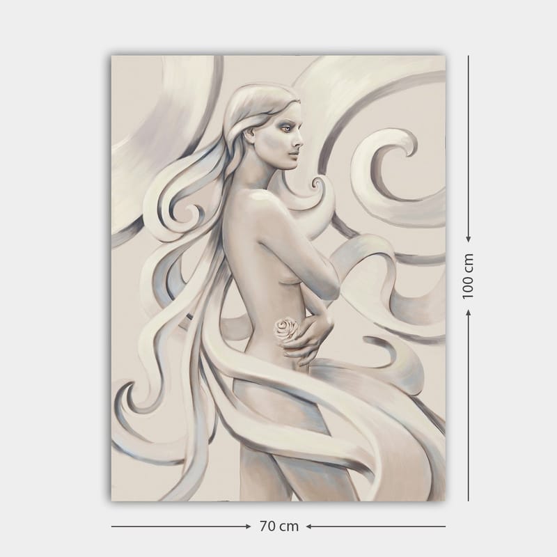Lerretsbilde 70x100 cm - Stilisert kvinne med langt hår som holder en rose, omgitt av feiende linjer - Hvit / Lys grå / Mørk grå - Interiør - Maleri & posters - Lerretsbilder