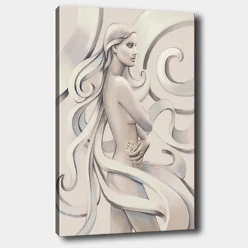 Lerretsbilde 70x100 cm - Stilisert kvinne med langt hår som holder en rose, omgitt av feiende linjer - Hvit / Lys grå / Mørk grå - Interiør - Maleri & posters - Lerretsbilder