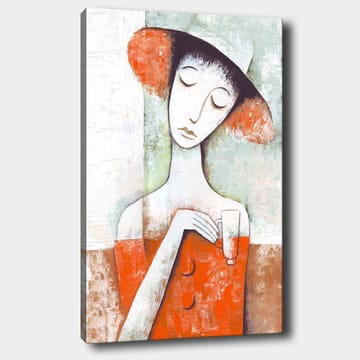 Lerretsbilde 70x100 cm - Stilisert kvinne med rød kjole og hatt, holder et glass - Rød / Hvit / Grønn - Interiør - Maleri & posters - Lerretsbilder