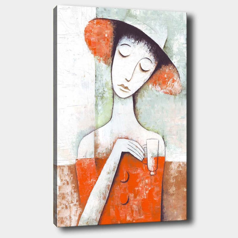 Lerretsbilde 70x100 cm - Stilisert kvinne med rød kjole og hatt, holder et glass, Rød / Hvit / Grønn