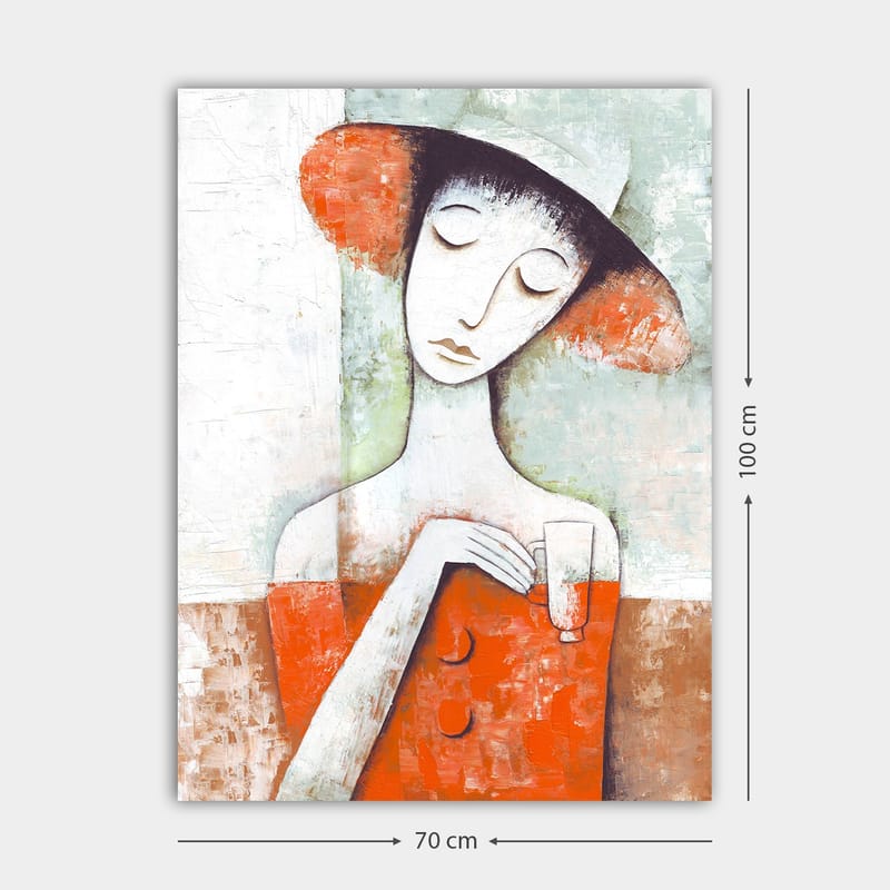 Lerretsbilde 70x100 cm - Stilisert kvinne med rød kjole og hatt, holder et glass - Rød / Hvit / Grønn - Interiør - Maleri & posters - Lerretsbilder