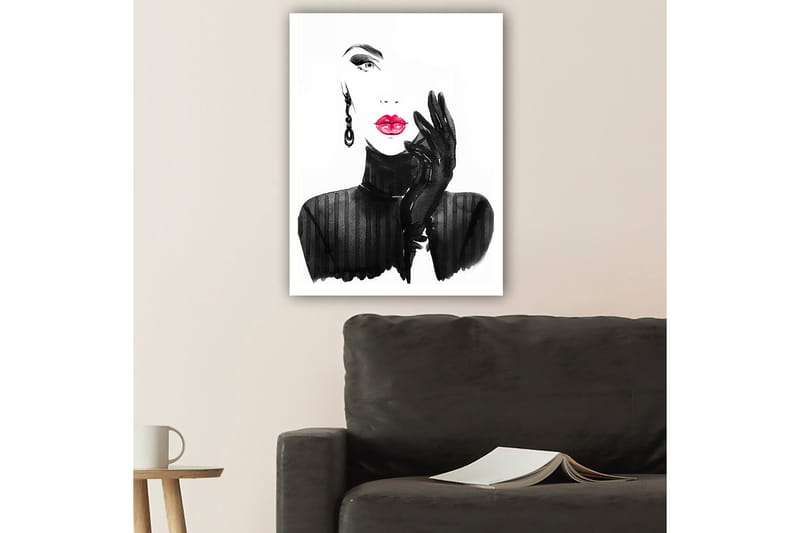 Lerretsbilde 70x100 cm - Stilisert kvinne med rød leppestift og svarte hansker - Svart / Rød - Interiør - Maleri & posters - Lerretsbilder
