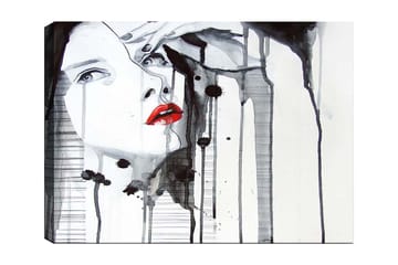 Lerretsbilde 70x100 cm - Stilisert kvinne med rød leppestift som fremhever ansiktet hennes i en dramatisk svart-hvitt-komposisjon - Rød / Svart / Hvit - Interiør - Maleri & posters - Lerretsbilder