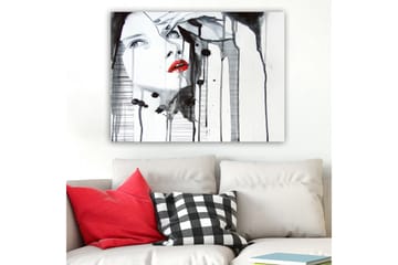 Lerretsbilde 70x100 cm - Stilisert kvinne med rød leppestift som fremhever ansiktet hennes i en dramatisk svart-hvitt-komposisjon - Rød / Svart / Hvit - Interiør - Maleri & posters - Lerretsbilder
