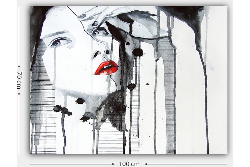 Lerretsbilde 70x100 cm - Stilisert kvinne med rød leppestift som fremhever ansiktet hennes i en dramatisk svart-hvitt-komposisjon - Rød / Svart / Hvit - Interiør - Maleri & posters - Lerretsbilder