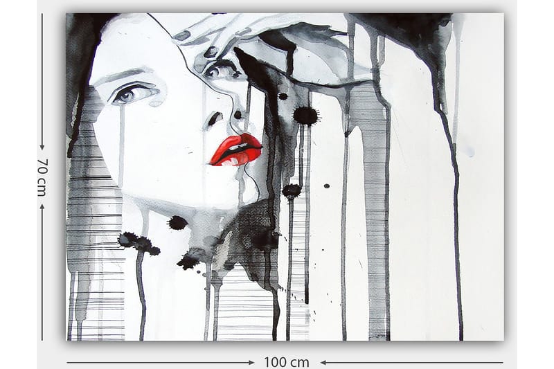 Lerretsbilde 70x100 cm - Stilisert kvinne med rød leppestift som fremhever ansiktet hennes i en dramatisk svart-hvitt-komposisjon - Rød / Svart / Hvit - Interiør - Maleri & posters - Lerretsbilder