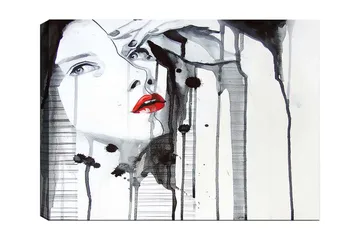 Lerretsbilde 70x100 cm - Stilisert kvinne med rød leppestift som fremhever ansiktet hennes i en dramatisk svart-hvitt-komposisjon - Rød / Svart / Hvit - Interiør - Maleri & posters - Lerretsbilder