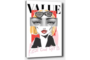 Lerretsbilde 70x100 cm - Stilisert kvinne med solbriller og en moderne, fargerik bakgrunn - Rosa / Svart / Gul - Interiør - Maleri & posters - Lerretsbilder