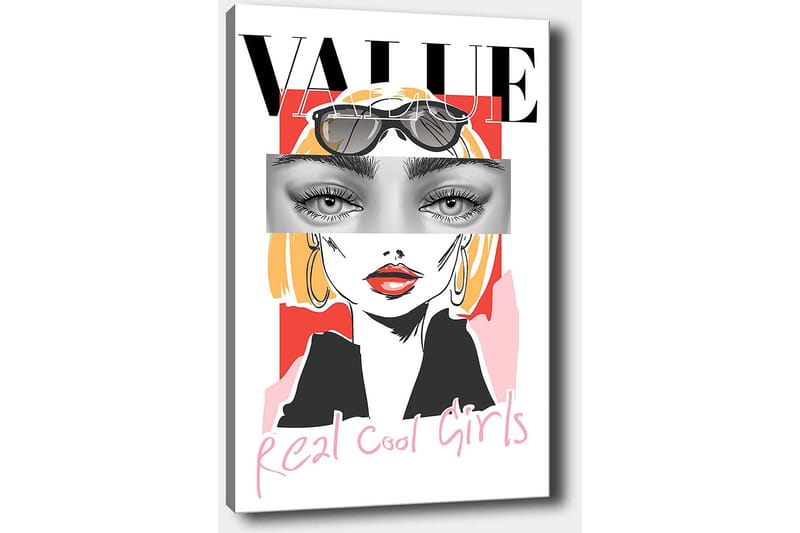 Lerretsbilde 70x100 cm - Stilisert kvinne med solbriller og en moderne, fargerik bakgrunn - Rosa / Svart / Gul - Interiør - Maleri & posters - Lerretsbilder