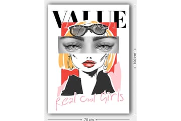 Lerretsbilde 70x100 cm - Stilisert kvinne med solbriller og en moderne, fargerik bakgrunn - Rosa / Svart / Gul - Interiør - Maleri & posters - Lerretsbilder