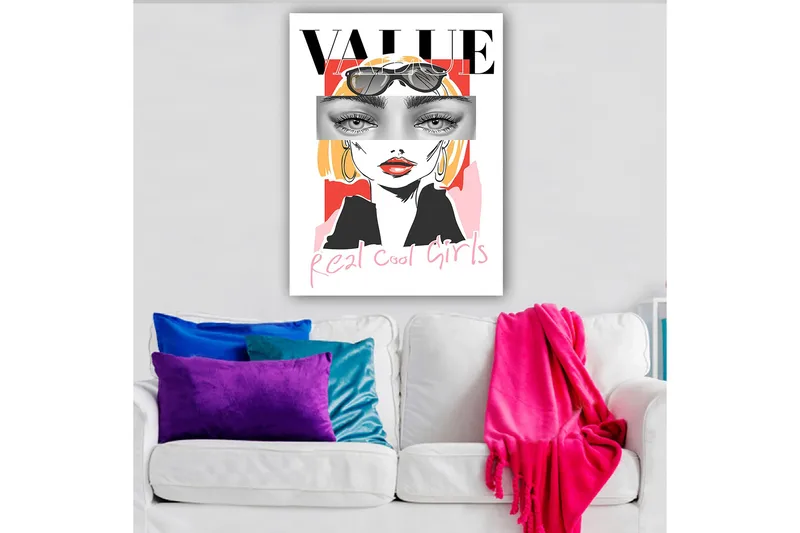 Lerretsbilde 70x100 cm - Stilisert kvinne med solbriller og en moderne, fargerik bakgrunn, Rosa / Svart / Gul