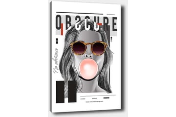 Lerretsbilde 70x100 cm - Stilisert kvinne med solbriller som blåser en tyggegummiball - Svart / Grå / Rød - Interiør - Maleri & posters - Lerretsbilder