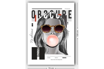 Lerretsbilde 70x100 cm - Stilisert kvinne med solbriller som blåser en tyggegummiball - Svart / Grå / Rød - Interiør - Maleri & posters - Lerretsbilder