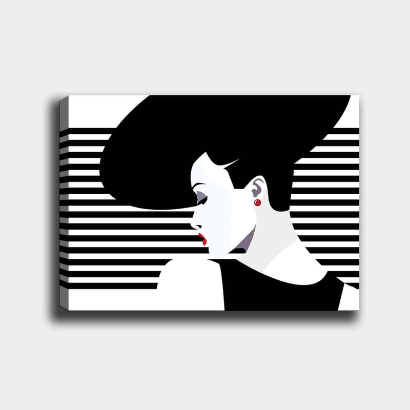 Lerretsbilde 70x100 cm - Stilisert kvinne med stor frisyre i profil, omgitt av svarte og hvite striper, Svart / Hvit / Rød