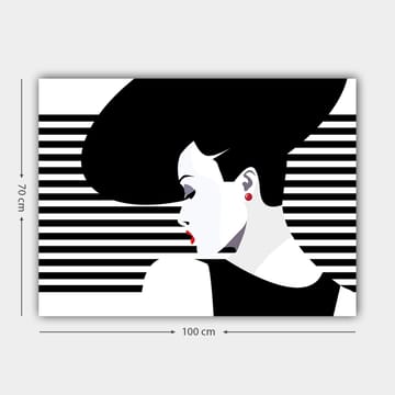 Lerretsbilde 70x100 cm - Stilisert kvinne med stor frisyre i profil, omgitt av svarte og hvite striper - Svart / Hvit / Rød - Interiør - Maleri & posters - Lerretsbilder