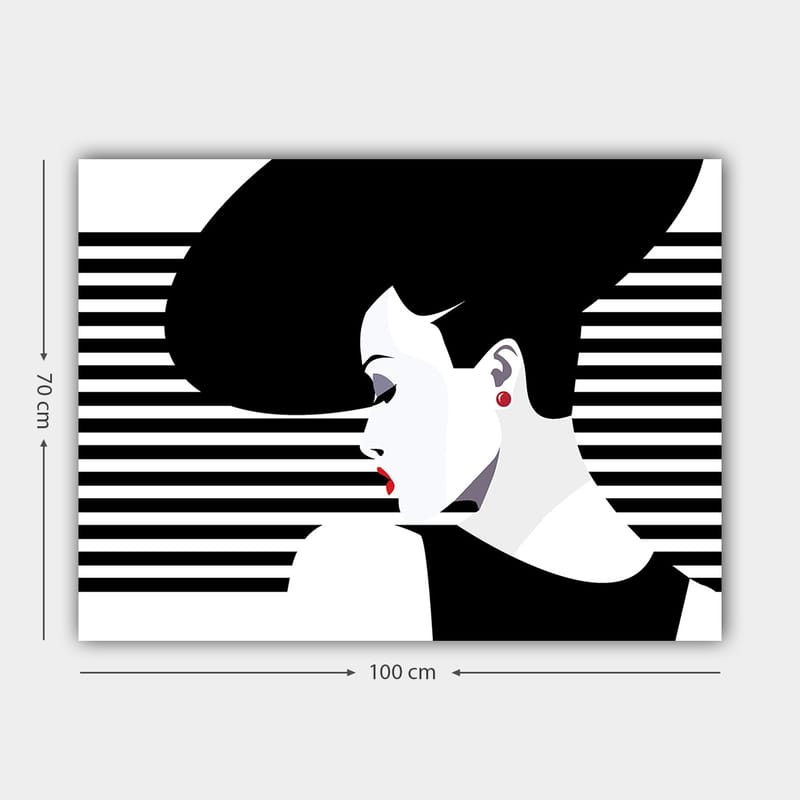 Lerretsbilde 70x100 cm - Stilisert kvinne med stor frisyre i profil, omgitt av svarte og hvite striper - Svart / Hvit / Rød - Interiør - Maleri & posters - Lerretsbilder