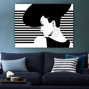 Lerretsbilde 70x100 cm - Stilisert kvinne med stor frisyre i profil, omgitt av svarte og hvite striper - Svart / Hvit / Rød - Interiør - Maleri & posters - Lerretsbilder