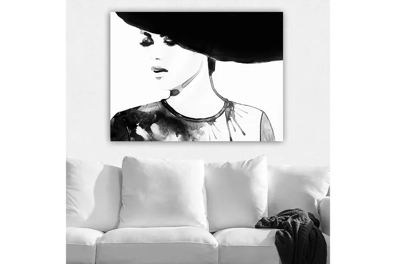 Lerretsbilde 70x100 cm - Stilisert kvinne med stor hatt og et uttrykksfullt ansikt - Svart / Hvit / Grå - Interiør - Maleri & posters - Lerretsbilder