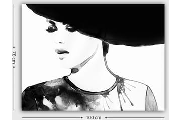 Lerretsbilde 70x100 cm - Stilisert kvinne med stor hatt og et uttrykksfullt ansikt - Svart / Hvit / Grå - Interiør - Maleri & posters - Lerretsbilder