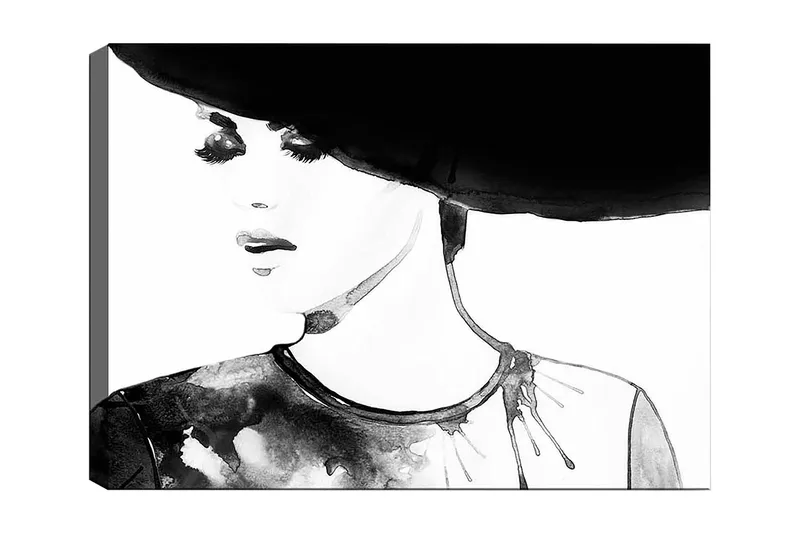 Lerretsbilde 70x100 cm - Stilisert kvinne med stor hatt og et uttrykksfullt ansikt, Svart / Hvit / Grå