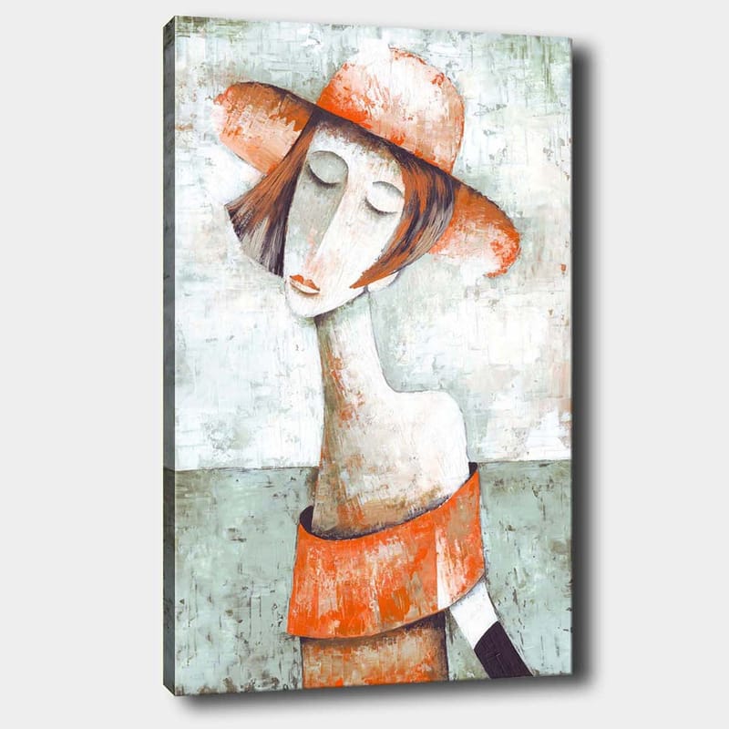 Lerretsbilde 70x100 cm - Stilisert kvinne med stor hatt og oransje genser som gir en følelse av ro og omtanke, Oransje / Grå / Hvit