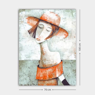 Lerretsbilde 70x100 cm - Stilisert kvinne med stor hatt og oransje genser som gir en følelse av ro og omtanke - Oransje / Grå / Hvit - Interiør - Maleri & posters - Lerretsbilder
