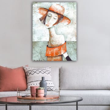 Lerretsbilde 70x100 cm - Stilisert kvinne med stor hatt og oransje genser som gir en følelse av ro og omtanke - Oransje / Grå / Hvit - Interiør - Maleri & posters - Lerretsbilder