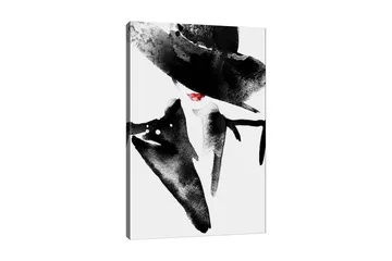 Lerretsbilde 70x100 cm - Stilisert kvinne med stor hatt og rød leppestift som utstråler eleganse og mystikk - Svart / Rød - Interiør - Maleri & posters - Lerretsbilder