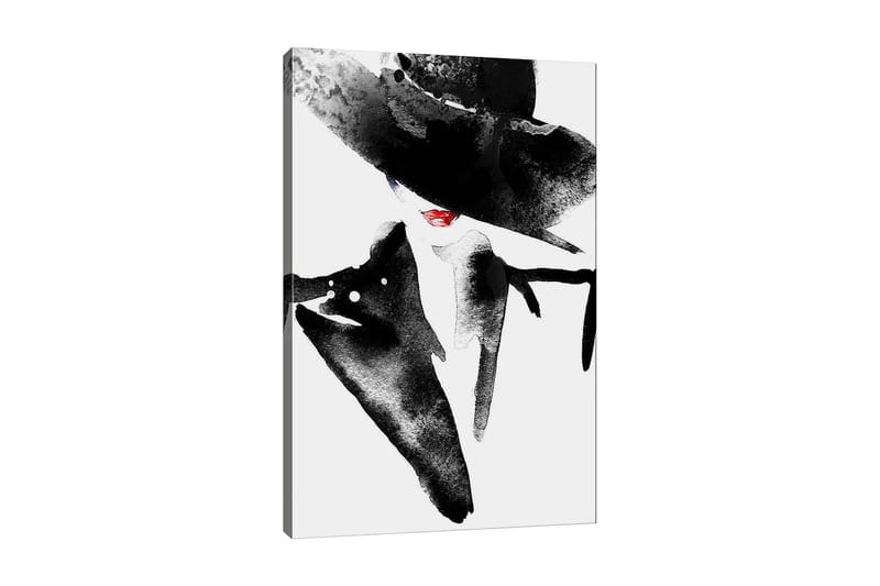Lerretsbilde 70x100 cm - Stilisert kvinne med stor hatt og rød leppestift som utstråler eleganse og mystikk, Svart / Rød