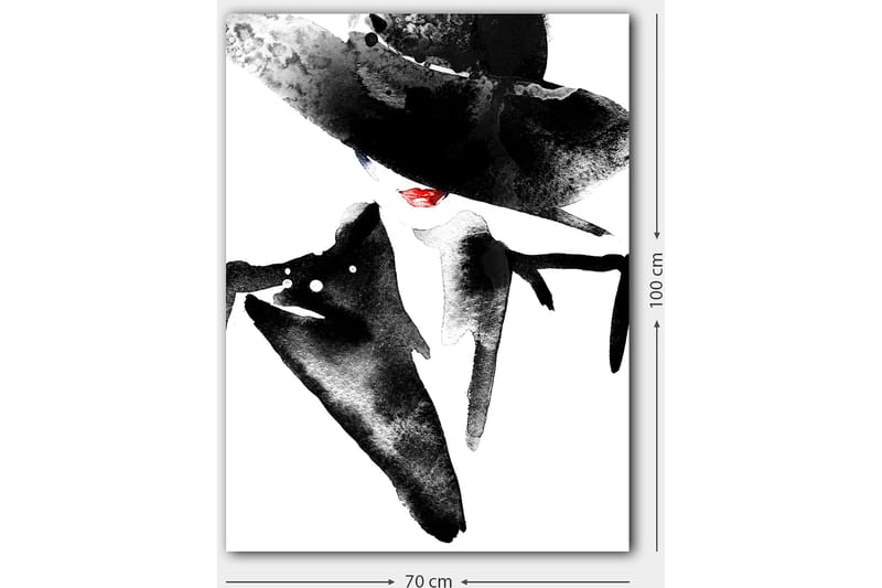 Lerretsbilde 70x100 cm - Stilisert kvinne med stor hatt og rød leppestift som utstråler eleganse og mystikk - Svart / Rød - Interiør - Maleri & posters - Lerretsbilder