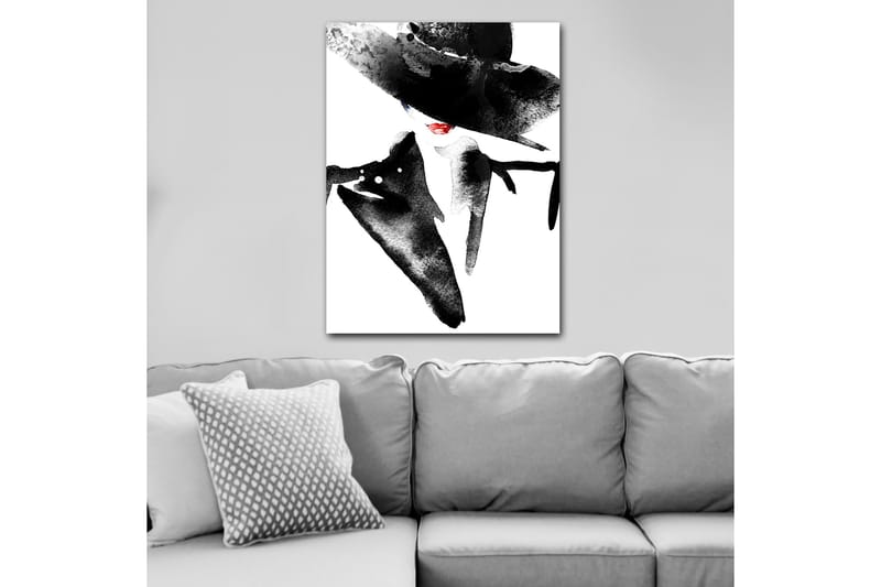 Lerretsbilde 70x100 cm - Stilisert kvinne med stor hatt og rød leppestift som utstråler eleganse og mystikk - Svart / Rød - Interiør - Maleri & posters - Lerretsbilder
