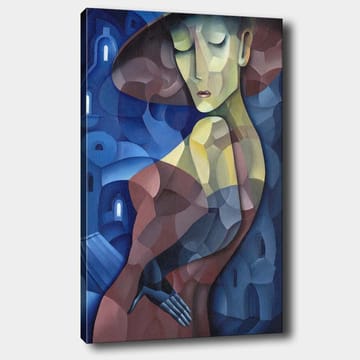 Lerretsbilde 70x100 cm - Stilisert kvinne med stor hatt som fremhever hennes elegante silhuett - Mørk blå / Rød / Grønn - Interiør - Maleri & posters - Lerretsbilder