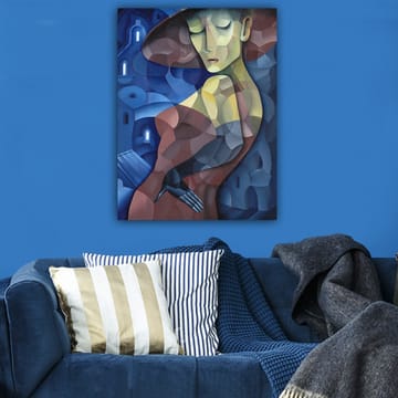 Lerretsbilde 70x100 cm - Stilisert kvinne med stor hatt som fremhever hennes elegante silhuett - Mørk blå / Rød / Grønn - Interiør - Maleri & posters - Lerretsbilder