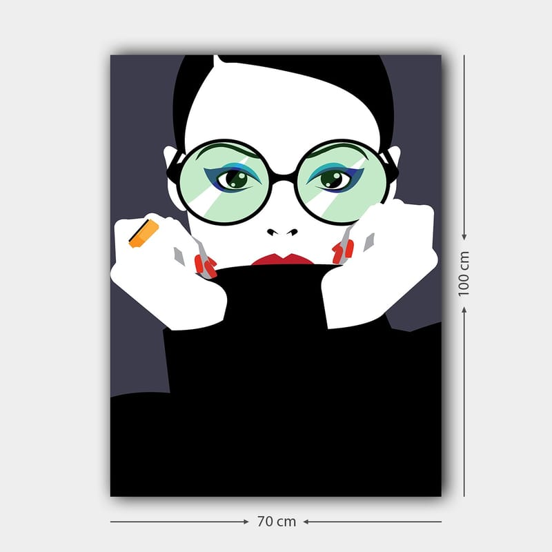 Lerretsbilde 70x100 cm - Stilisert kvinne med store briller som holder ansiktet hennes - Grønn / Svart / Rød - Interiør - Maleri & posters - Lerretsbilder