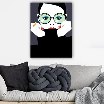 Lerretsbilde 70x100 cm - Stilisert kvinne med store briller som holder ansiktet hennes - Grønn / Svart / Rød - Interiør - Maleri & posters - Lerretsbilder