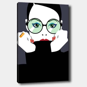 Lerretsbilde 70x100 cm - Stilisert kvinne med store briller som holder ansiktet hennes - Grønn / Svart / Rød - Interiør - Maleri & posters - Lerretsbilder