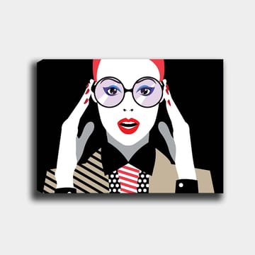 Lerretsbilde 70x100 cm - Stilisert kvinne med store briller som uttrykker overraskelse eller sjokk - Rød / Svart / Hvit - Interiør - Maleri & posters - Lerretsbilder