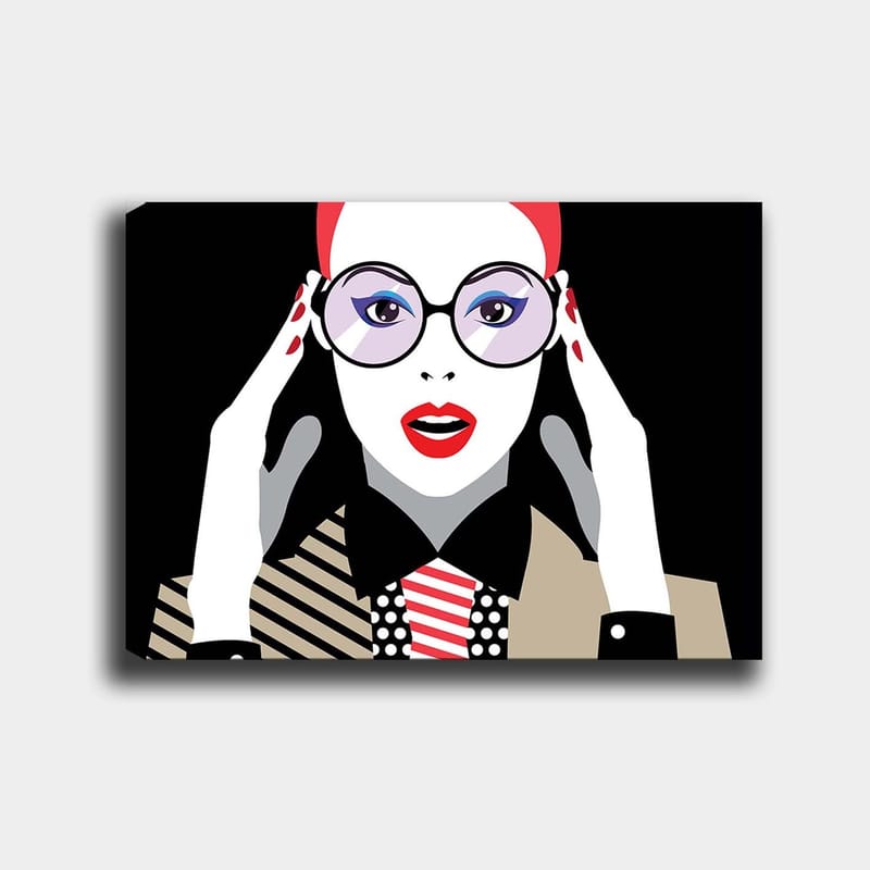 Lerretsbilde 70x100 cm - Stilisert kvinne med store briller som uttrykker overraskelse eller sjokk, Rød / Svart / Hvit