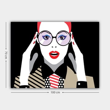 Lerretsbilde 70x100 cm - Stilisert kvinne med store briller som uttrykker overraskelse eller sjokk - Rød / Svart / Hvit - Interiør - Maleri & posters - Lerretsbilder