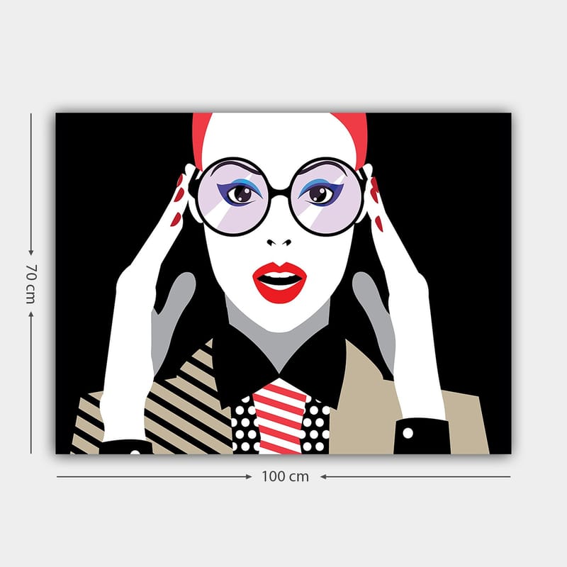 Lerretsbilde 70x100 cm - Stilisert kvinne med store briller som uttrykker overraskelse eller sjokk - Rød / Svart / Hvit - Interiør - Maleri & posters - Lerretsbilder